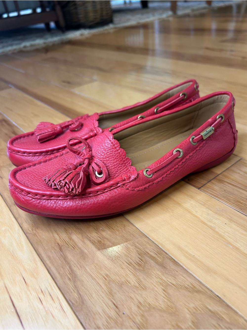 Coach Red Leather Tassel Driving Loafers - Picture 2 of 14